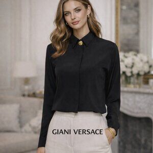 Vintage Gianni Versace Black Button-Up Silk-Feel Top 1990s Medusa Head Buttons